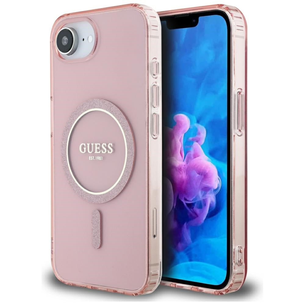 Husa MagSafe pentru Apple iPhone 17e / 16e, Guess, IML Glitter Circle, Roz