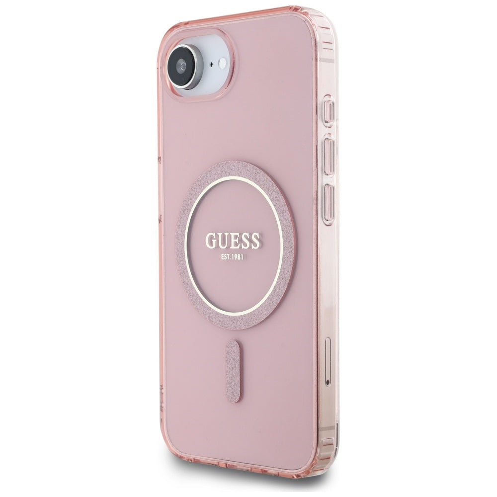Husa MagSafe pentru Apple iPhone 17e / 16e, Guess, IML Glitter Circle, Roz