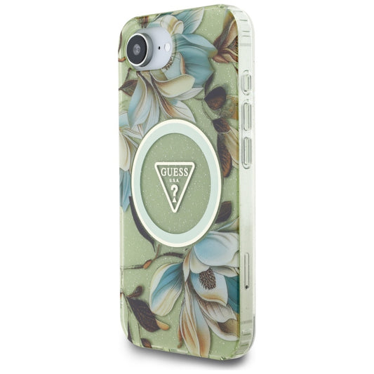 Husa MagSafe pentru Apple iPhone 16e, Guess, IML Metal Glitter Flowers Triangle, Verde