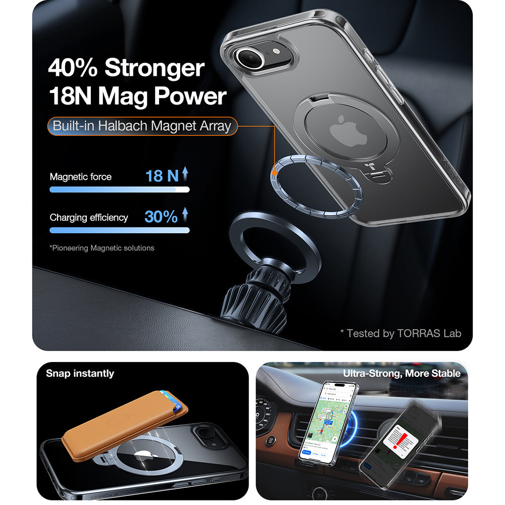 Husa MagSafe pentru Apple iPhone 17e / 16e, Torras, Ostand Spin, Transparenta