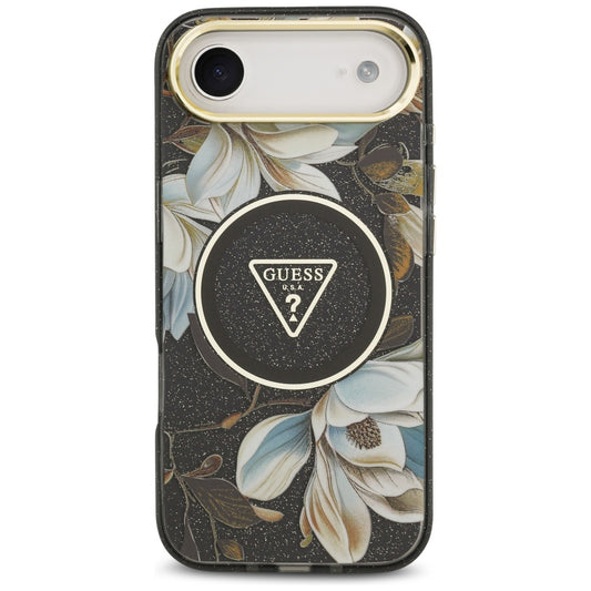 Husa MagSafe pentru Apple iPhone 17 Air, Guess, IML Metal Glitter Flowers Triangle, Neagra