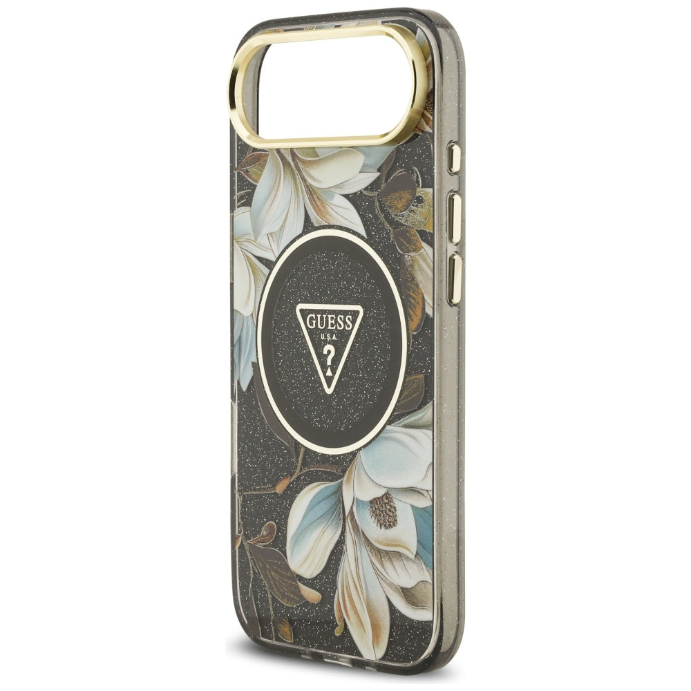 Husa MagSafe pentru Apple iPhone 17 Air, Guess, IML Metal Glitter Flowers Triangle, Neagra