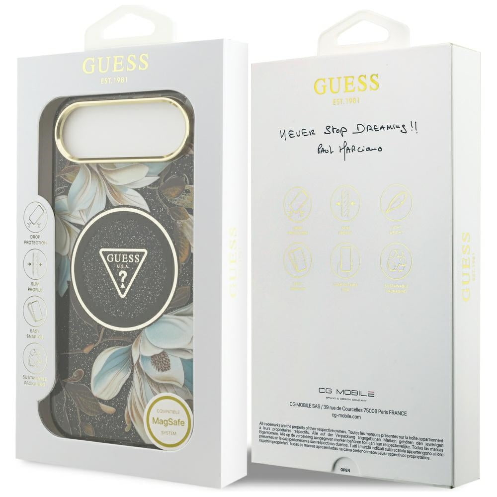 Husa MagSafe pentru Apple iPhone 17 Air, Guess, IML Metal Glitter Flowers Triangle, Neagra