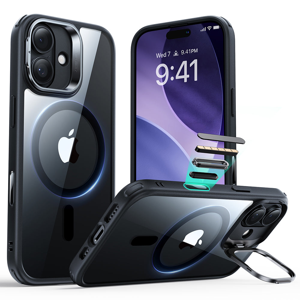 Husa MagSafe pentru Apple iPhone 17, ESR, Classic Hybrid Kickstand, Neagra Transparenta
