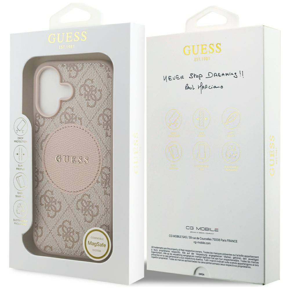 Husa MagSafe pentru Apple iPhone 17, Guess, 4G Circle Classic Logo, Roz