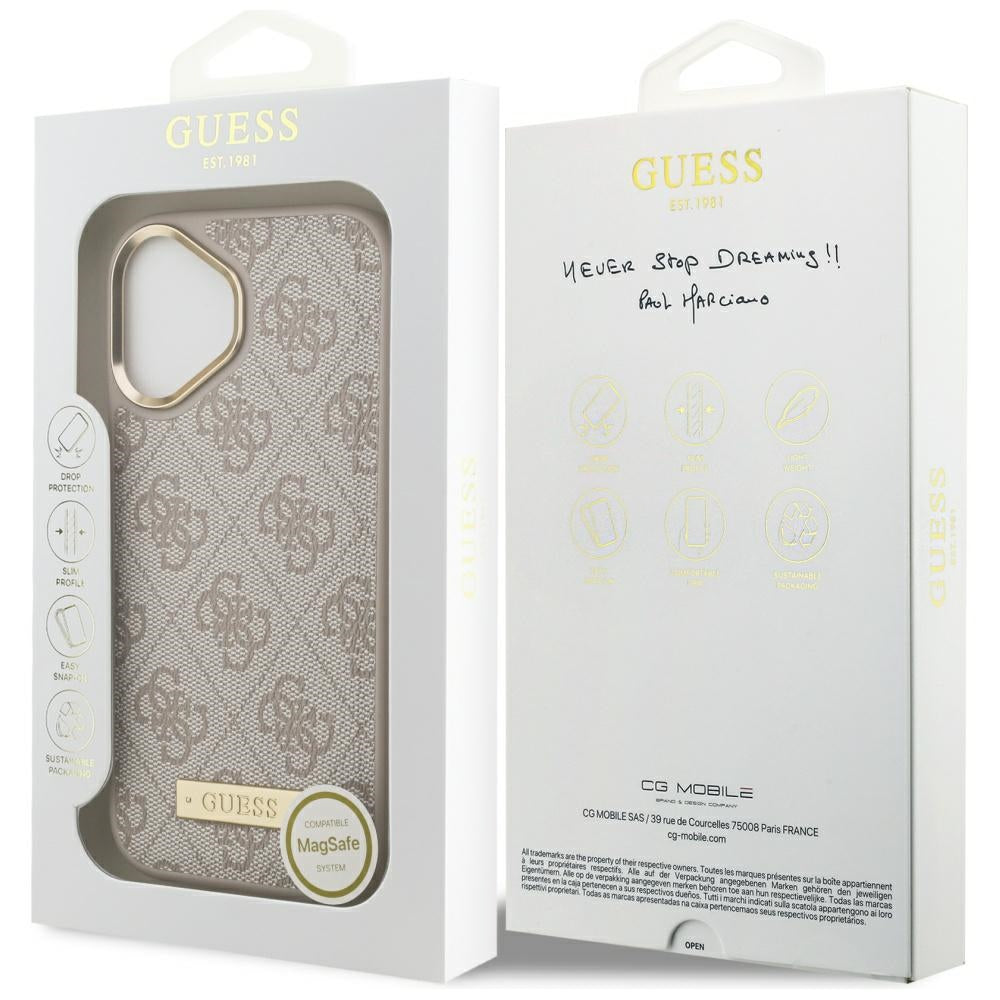 Husa MagSafe pentru Apple iPhone 17, Guess, 4G Logo Plate, Roz