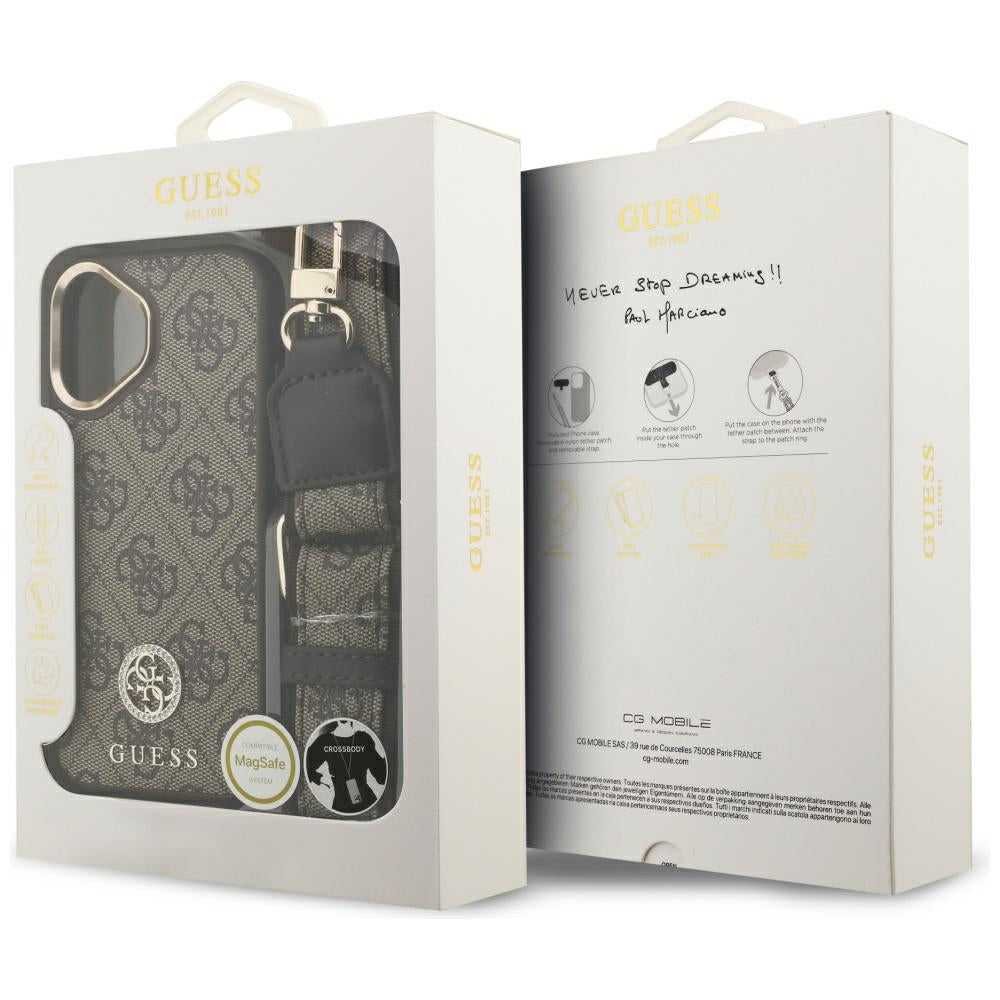 Husa MagSafe pentru Apple iPhone 17, Guess, 4G Strass Logo with Big Strap, Maro
