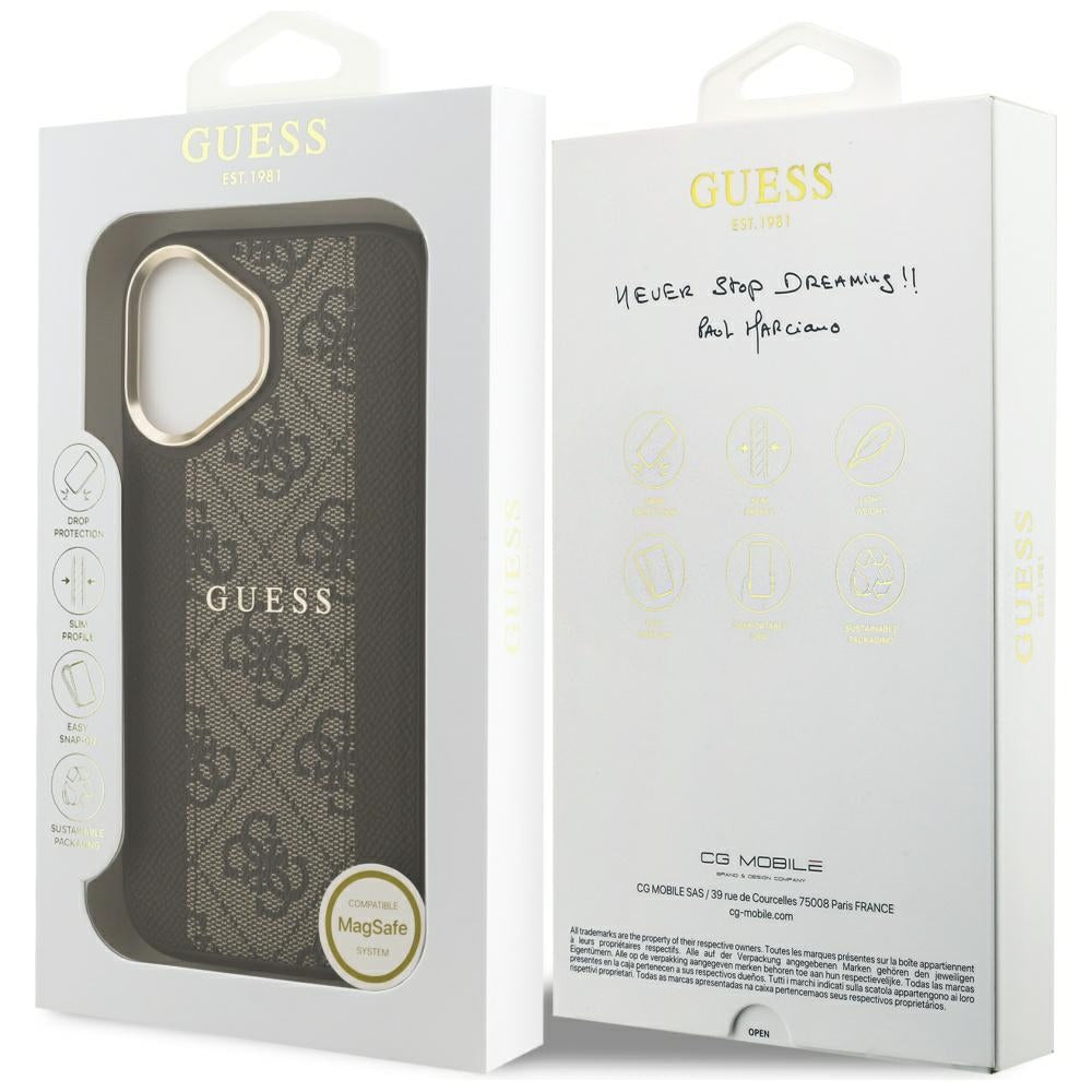 Husa MagSafe pentru Apple iPhone 17, Guess, 4G Stripe, Maro