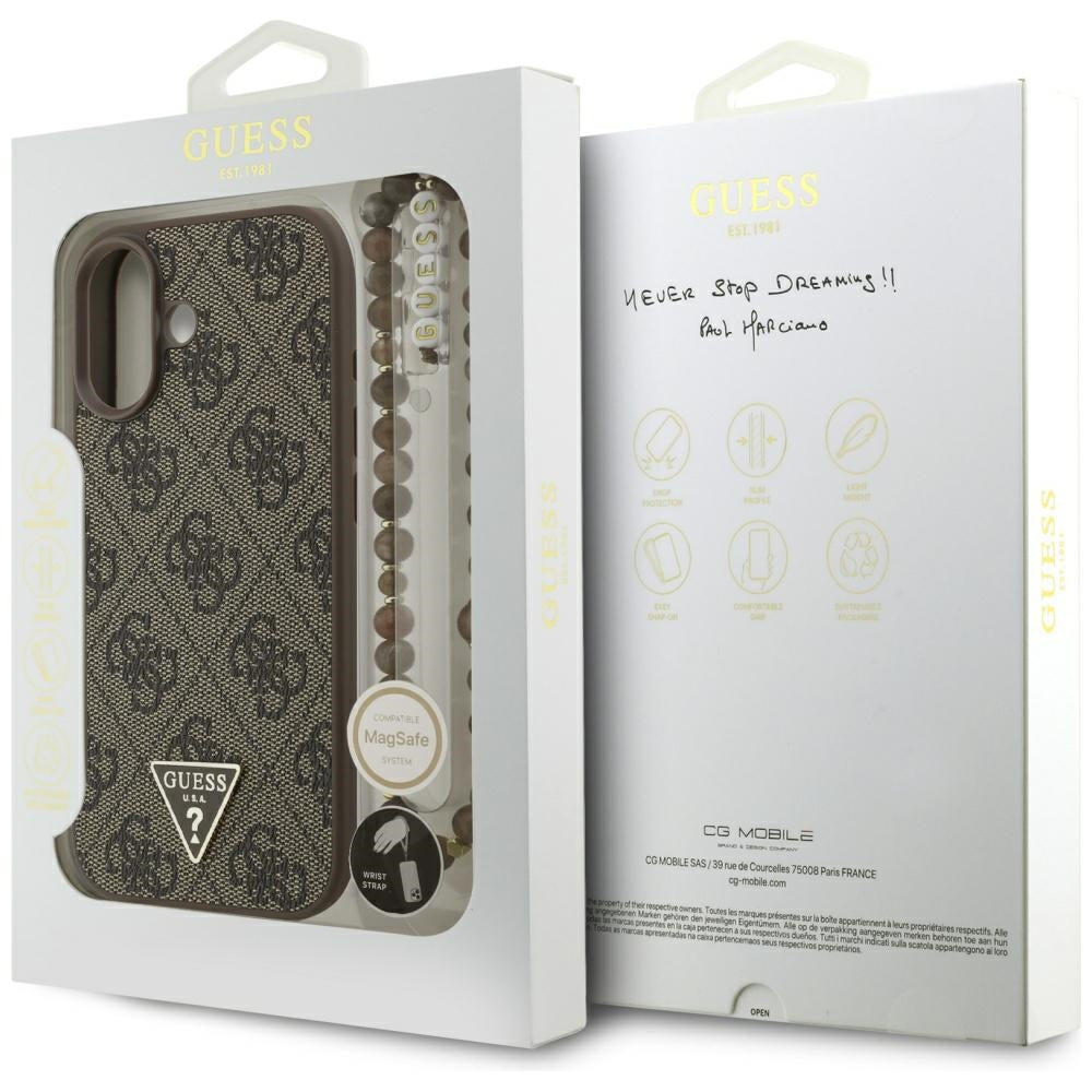Husa MagSafe pentru Apple iPhone 17, Guess, 4G Triangle Logo Cord Strap, Maro