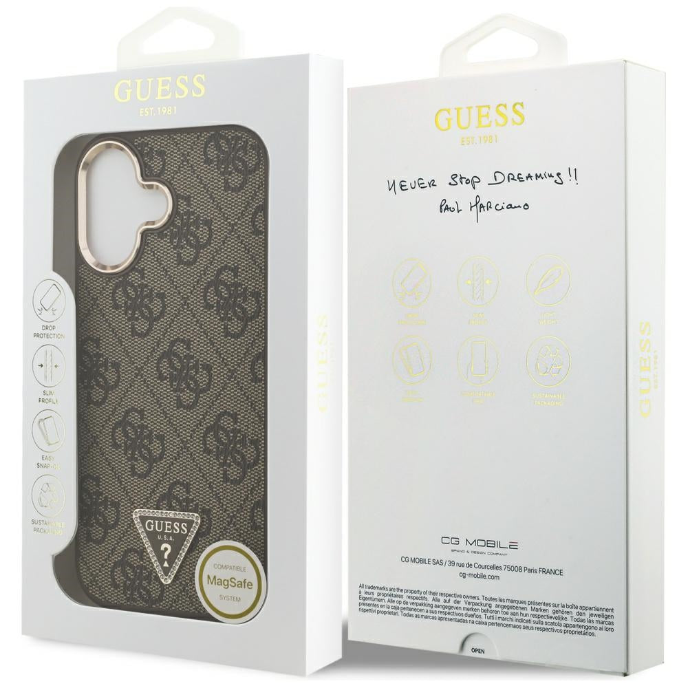 Husa MagSafe pentru Apple iPhone 17, Guess, 4G Triangle Logo, Maro Aurie