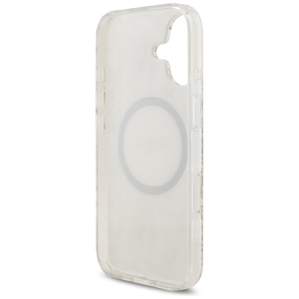 Husa MagSafe pentru Apple iPhone 17, Guess, IML Flowers with Pearl Strap, Alba