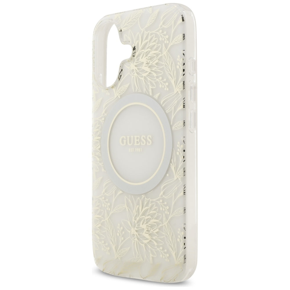 Husa MagSafe pentru Apple iPhone 17, Guess, IML Flowers with Pearl Strap, Alba