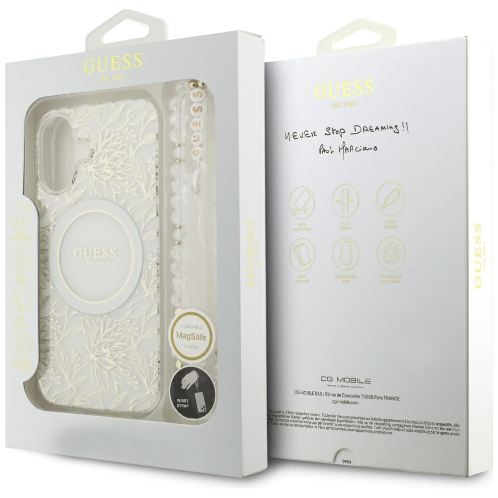 Husa MagSafe pentru Apple iPhone 17, Guess, IML Flowers with Pearl Strap, Alba