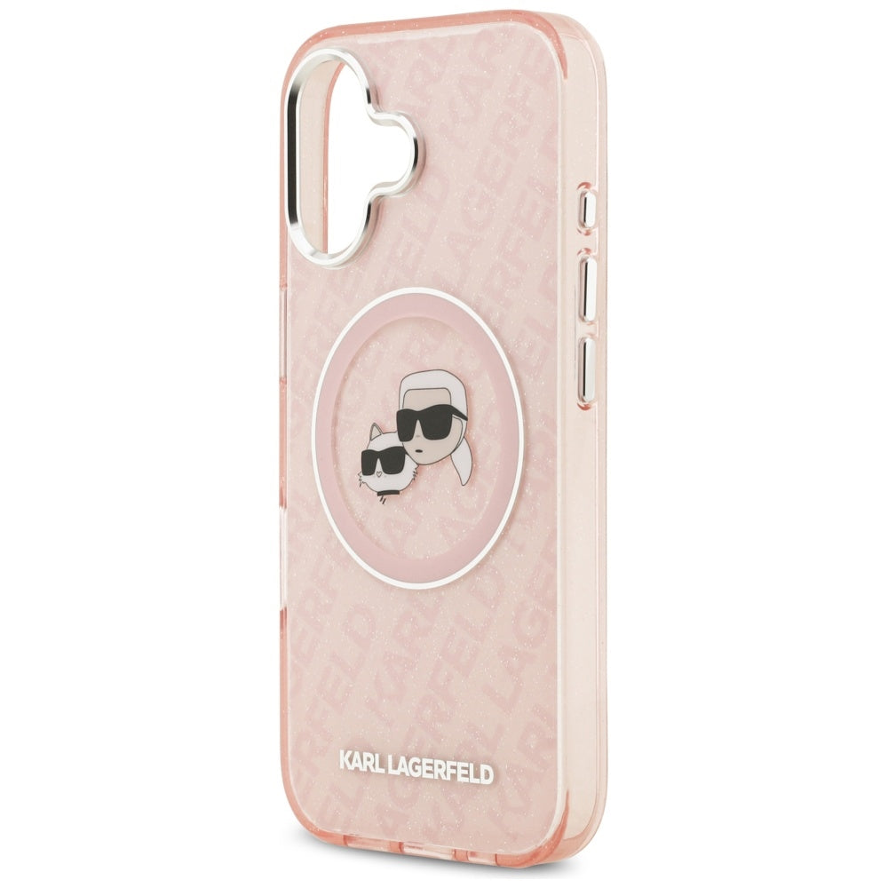 Husa MagSafe pentru Apple iPhone 17, Karl Lagerfeld, IML Glitter Karl & Choupette`s Heads, Roz