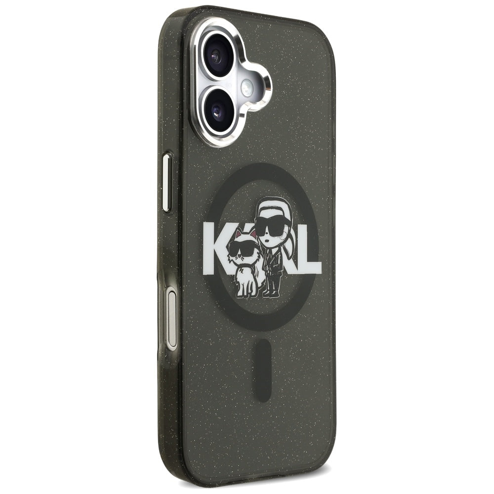 Husa MagSafe pentru Apple iPhone 17, Karl Lagerfeld, IML Sketch Logo Glitter Karl & Choupette, Neagra