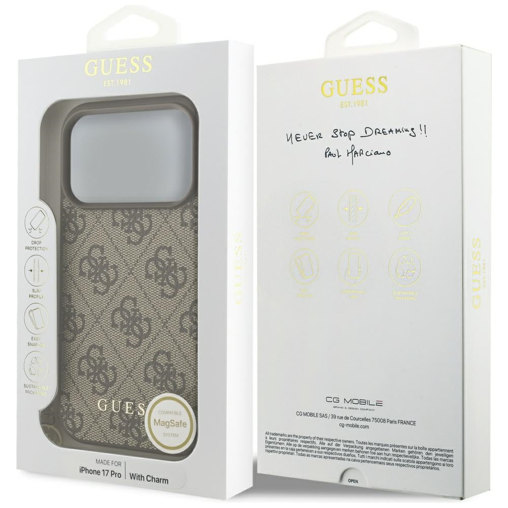 Husa MagSafe pentru Apple iPhone 17 Pro, Guess, 4G Charm Cradle, Maro