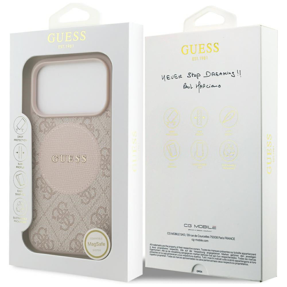 Husa MagSafe pentru Apple iPhone 17 Pro, Guess, 4G Circle Classic Logo, Roz