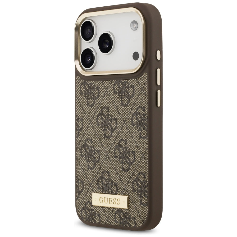 Husa MagSafe pentru Apple iPhone 17 Pro, Guess, 4G Logo Plate, Maro