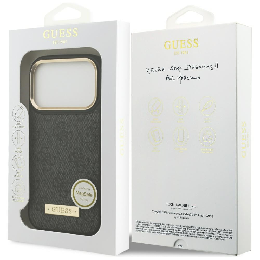 Husa MagSafe pentru Apple iPhone 17 Pro, Guess, 4G Logo Plate, Neagra