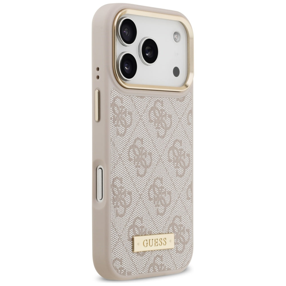 Husa MagSafe pentru Apple iPhone 17 Pro, Guess, 4G Logo Plate, Roz