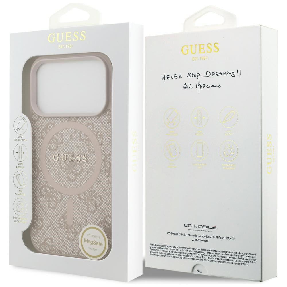 Husa MagSafe pentru Apple iPhone 17 Pro, Guess, 4G Ring Classic Logo, Roz
