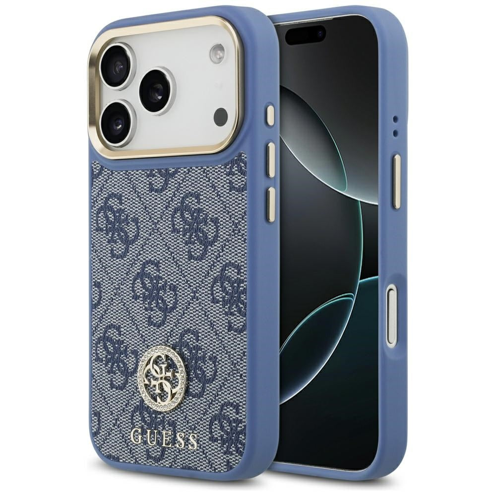 Husa MagSafe pentru Apple iPhone 17 Pro, Guess, 4G Strass Logo, Albastra