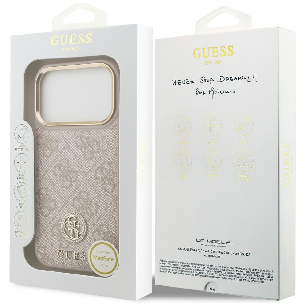 Husa MagSafe pentru Apple iPhone 17 Pro, Guess, 4G Strass Logo, Roz