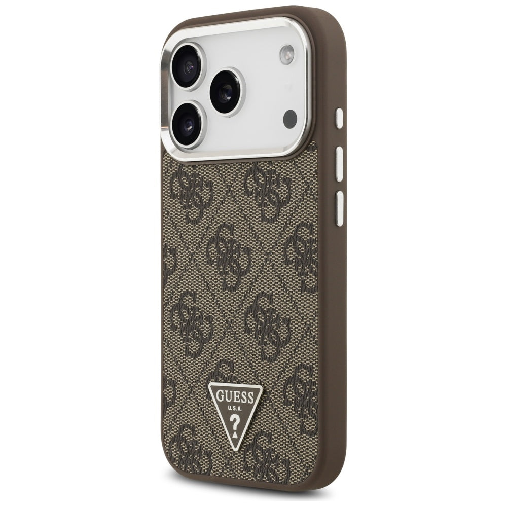 Husa MagSafe pentru Apple iPhone 17 Pro, Guess, 4G Triangle Logo, Maro Argintie