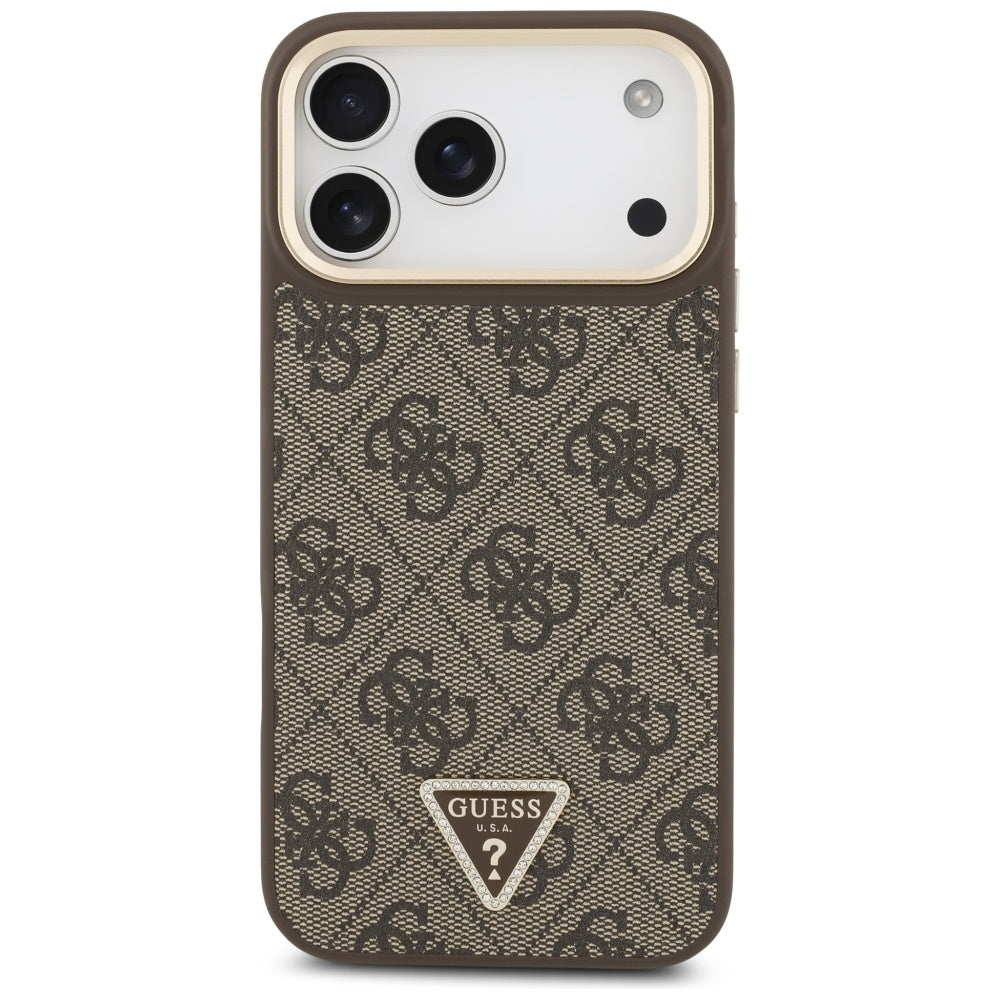 Husa MagSafe pentru Apple iPhone 17 Pro, Guess, 4G Triangle Logo, Maro Aurie