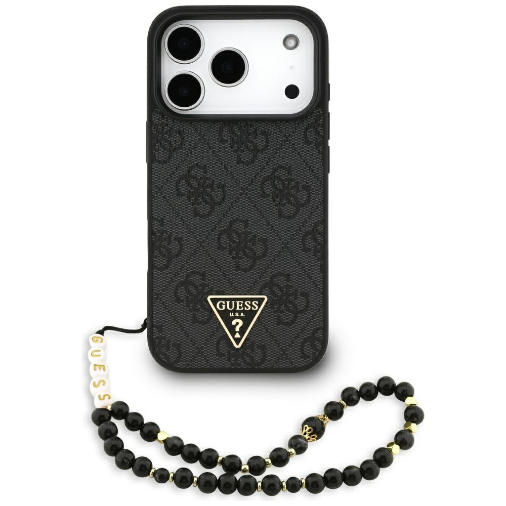 Husa MagSafe pentru Apple iPhone 17 Pro, Guess, 4G Triangle Logo with Cord Strap, Neagra