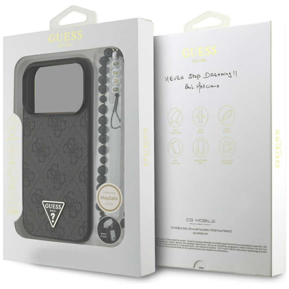 Husa MagSafe pentru Apple iPhone 17 Pro, Guess, 4G Triangle Logo with Cord Strap, Neagra