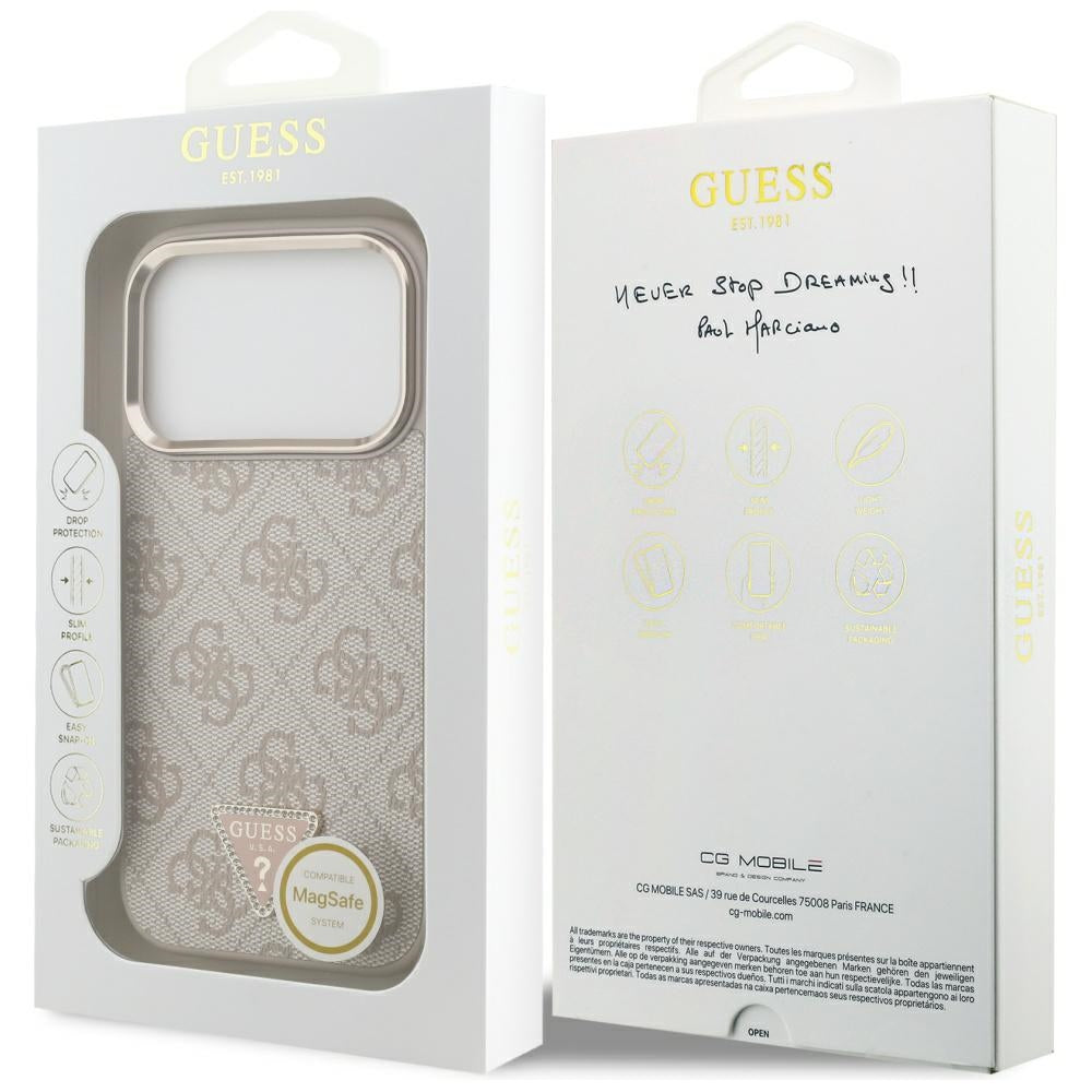 Husa MagSafe pentru Apple iPhone 17 Pro, Guess, 4G Triangle Logo, Roz Aurie