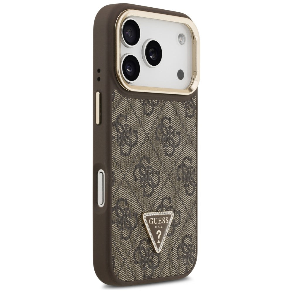 Husa MagSafe pentru Apple iPhone 17 Pro, Guess, 4G Triangle Logo with Stand Camera, Maro Aurie