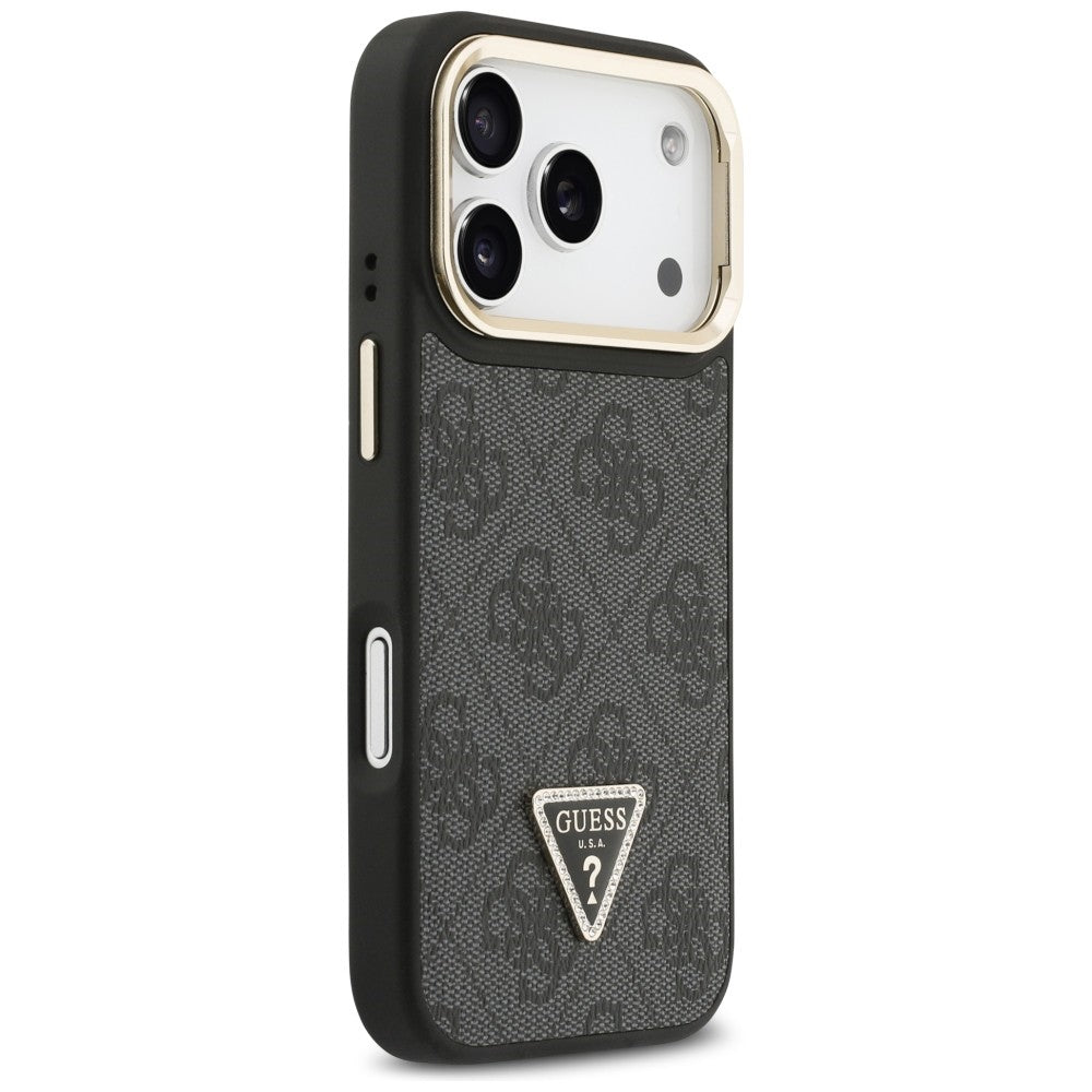 Husa MagSafe pentru Apple iPhone 17 Pro, Guess, 4G Triangle Logo with Stand Camera, Neagra Aurie