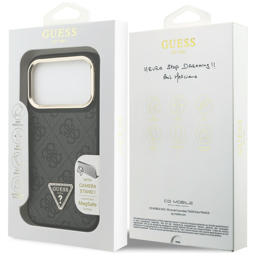 Husa MagSafe pentru Apple iPhone 17 Pro, Guess, 4G Triangle Logo with Stand Camera, Neagra Aurie