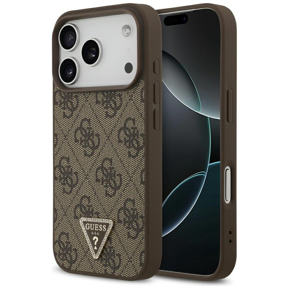 Husa MagSafe pentru Apple iPhone 17 Pro, Guess, 4G Triangle Strass, Maro