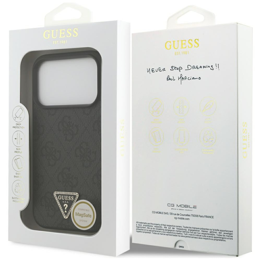 Husa MagSafe pentru Apple iPhone 17 Pro, Guess, 4G Triangle Strass, Neagra