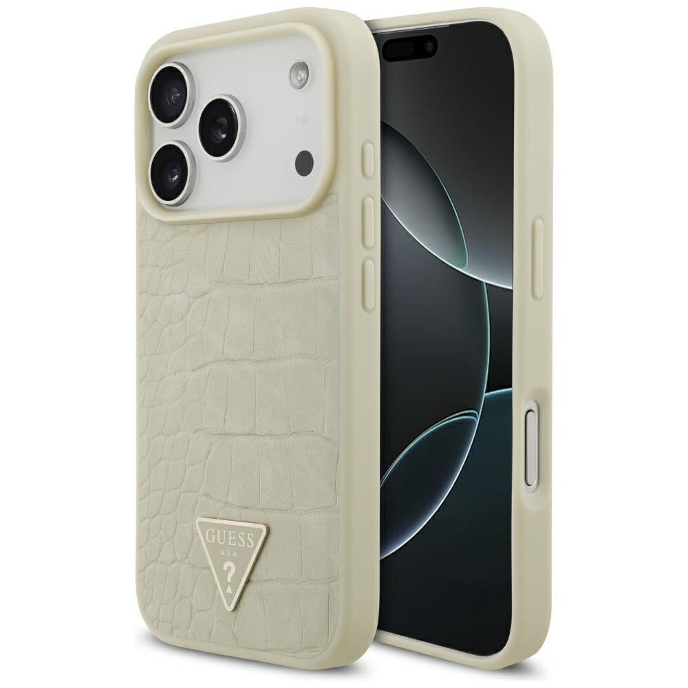 Husa MagSafe pentru Apple iPhone 17 Pro, Guess, Croco Triangle Logo, Aurie