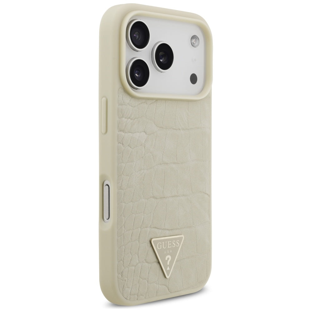 Husa MagSafe pentru Apple iPhone 17 Pro, Guess, Croco Triangle Logo, Aurie