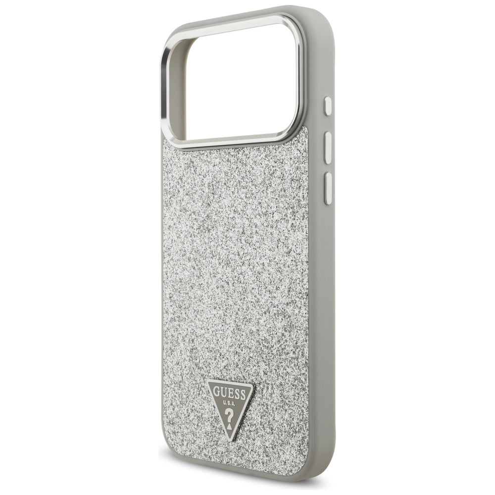 Husa MagSafe pentru Apple iPhone 17 Pro, Guess, Glitter Triangle Logo, Argintie