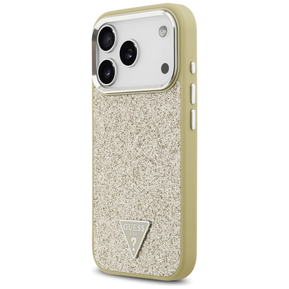 Husa MagSafe pentru Apple iPhone 17 Pro, Guess, Glitter Triangle Logo, Aurie