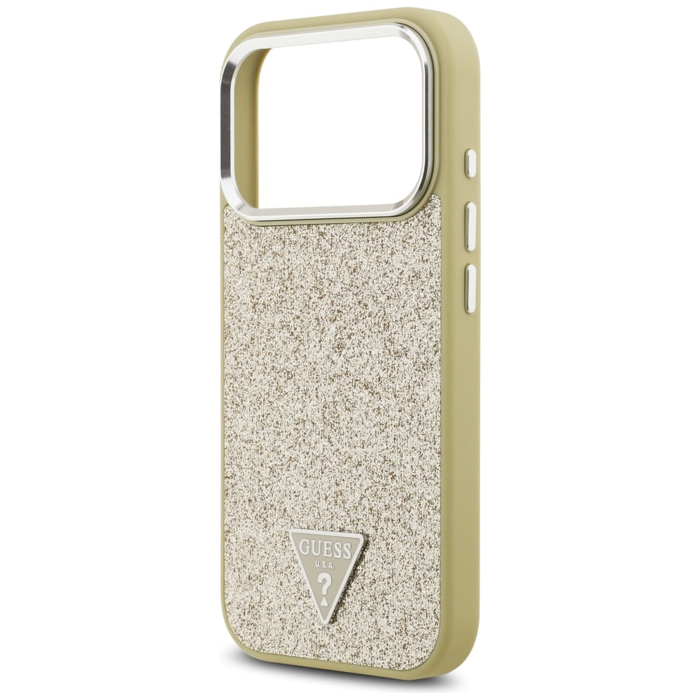 Husa MagSafe pentru Apple iPhone 17 Pro, Guess, Glitter Triangle Logo, Aurie