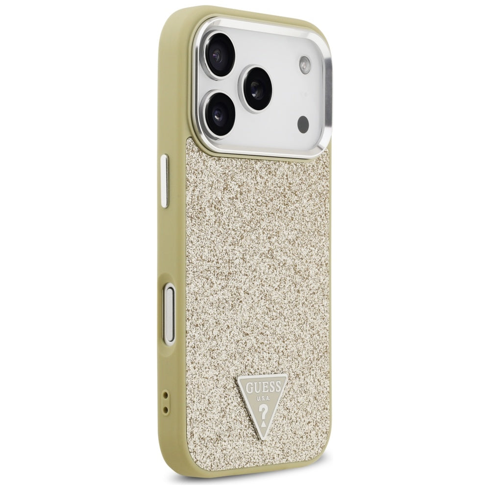 Husa MagSafe pentru Apple iPhone 17 Pro, Guess, Glitter Triangle Logo, Aurie