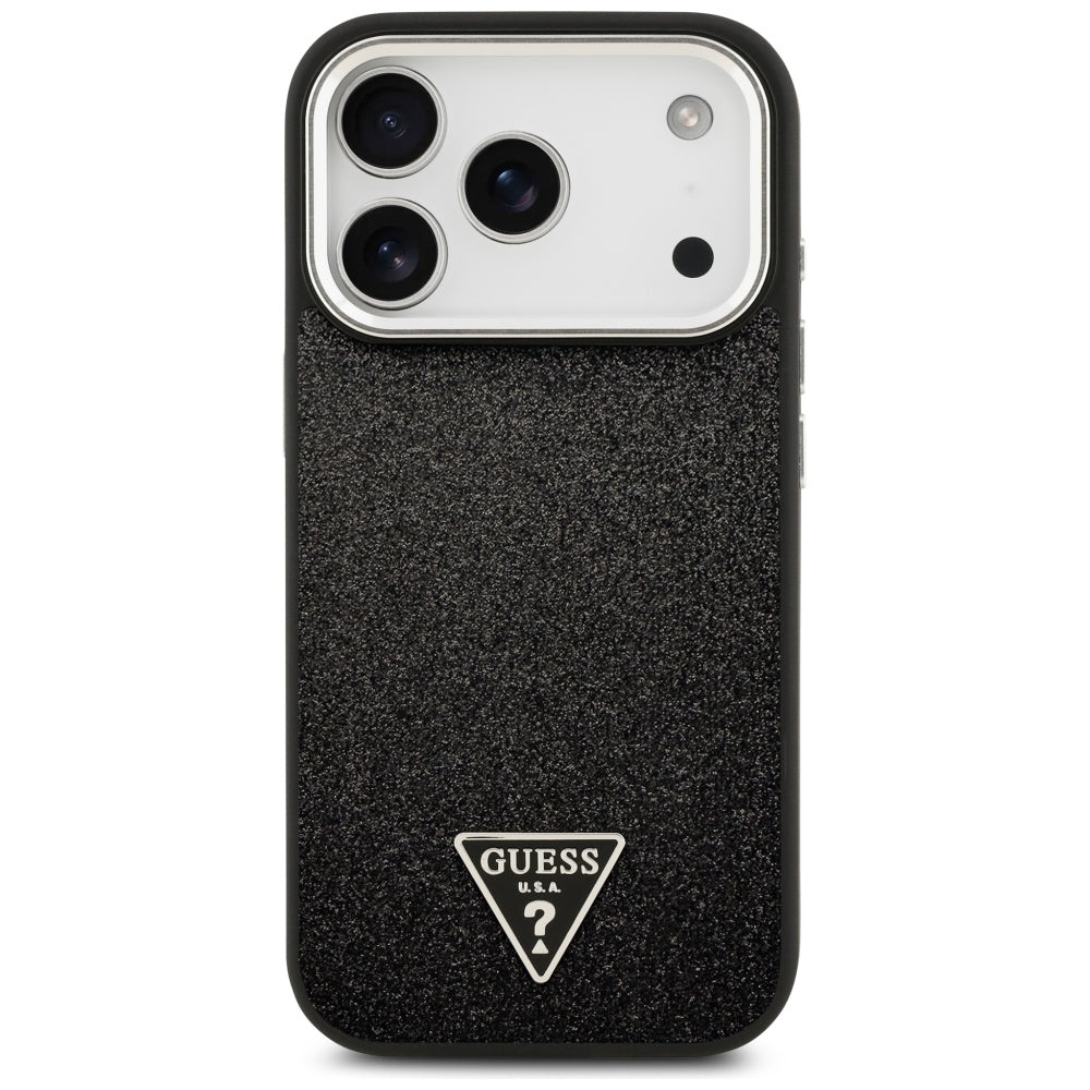 Husa MagSafe pentru Apple iPhone 17 Pro, Guess, Glitter Triangle Logo, Neagra