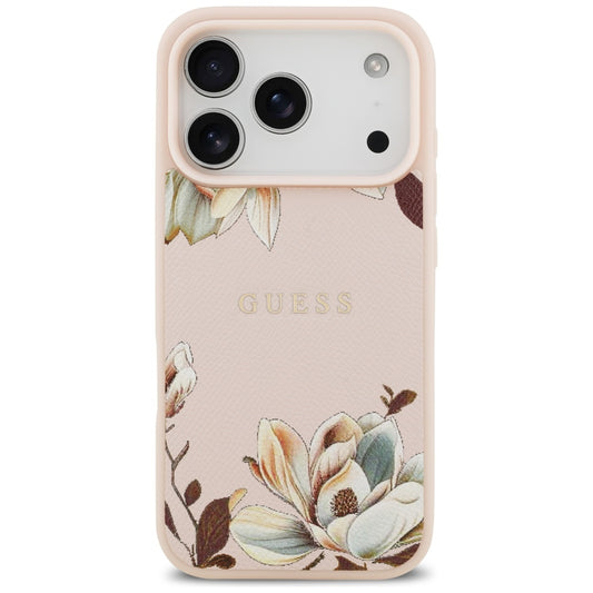 Husa MagSafe pentru Apple iPhone 17 Pro, Guess, Grained Flowers, Roz