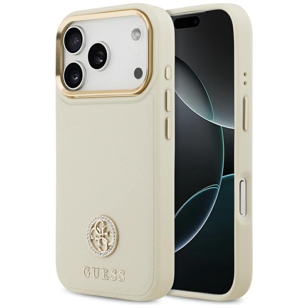 Husa MagSafe pentru Apple iPhone 17 Pro, Guess, Grained Strass Logo, Bej
