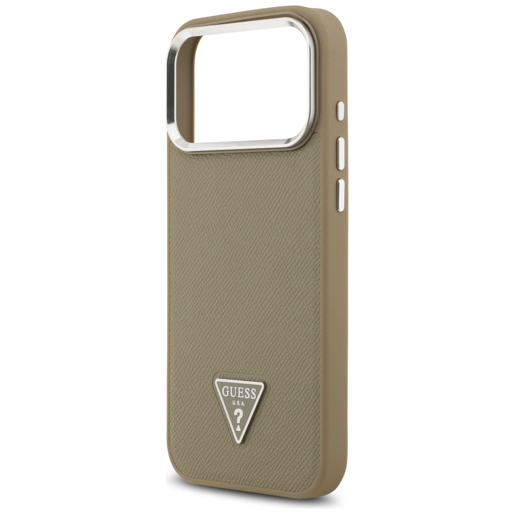 Husa MagSafe pentru Apple iPhone 17 Pro, Guess, Grained Triangle Logo, Maro
