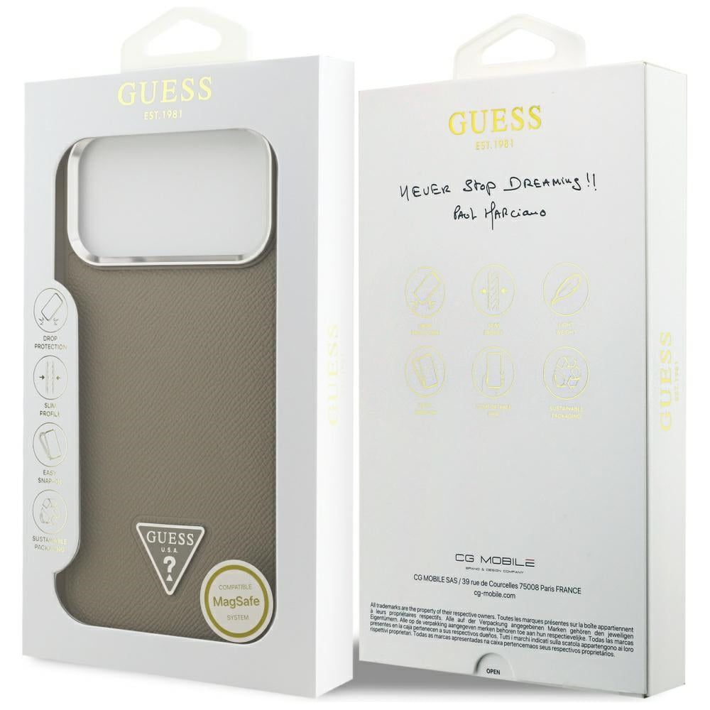 Husa MagSafe pentru Apple iPhone 17 Pro, Guess, Grained Triangle Logo, Maro