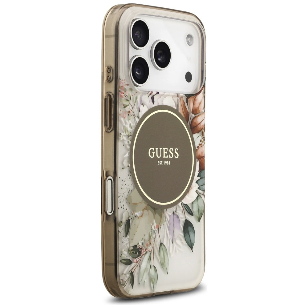 Husa MagSafe pentru Apple iPhone 17 Pro, Guess, IML Flower and Tonal Circle , Maro