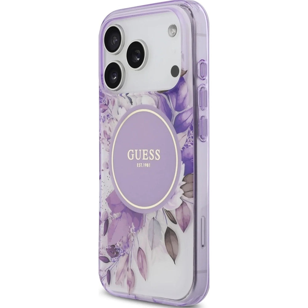Husa MagSafe pentru Apple iPhone 17 Pro, Guess, IML Flower & Tonal Circle, Mov